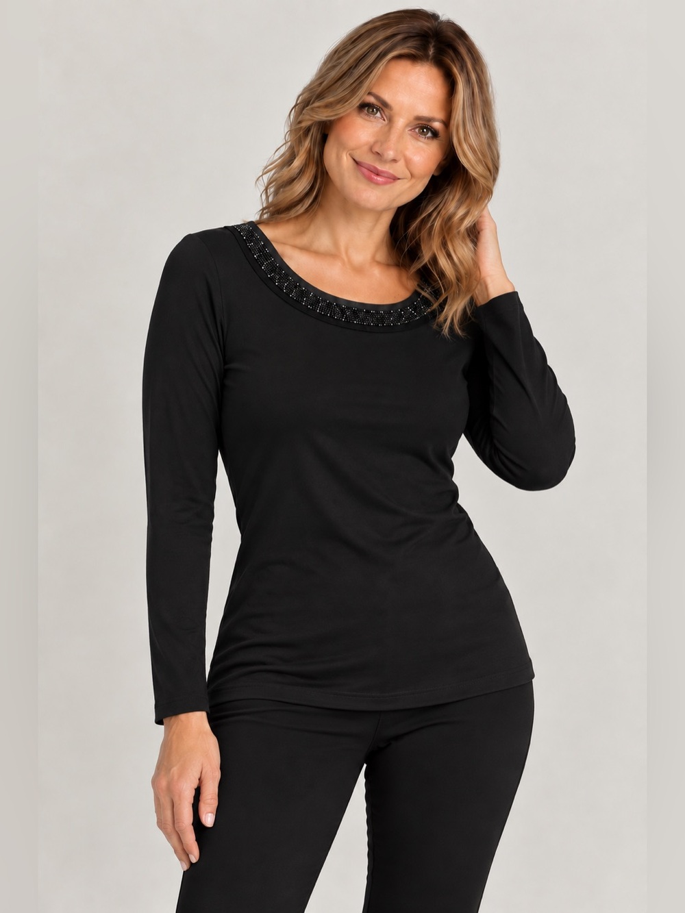 DKR Apparel Beaded Neckline Long Sleeve Top-Black